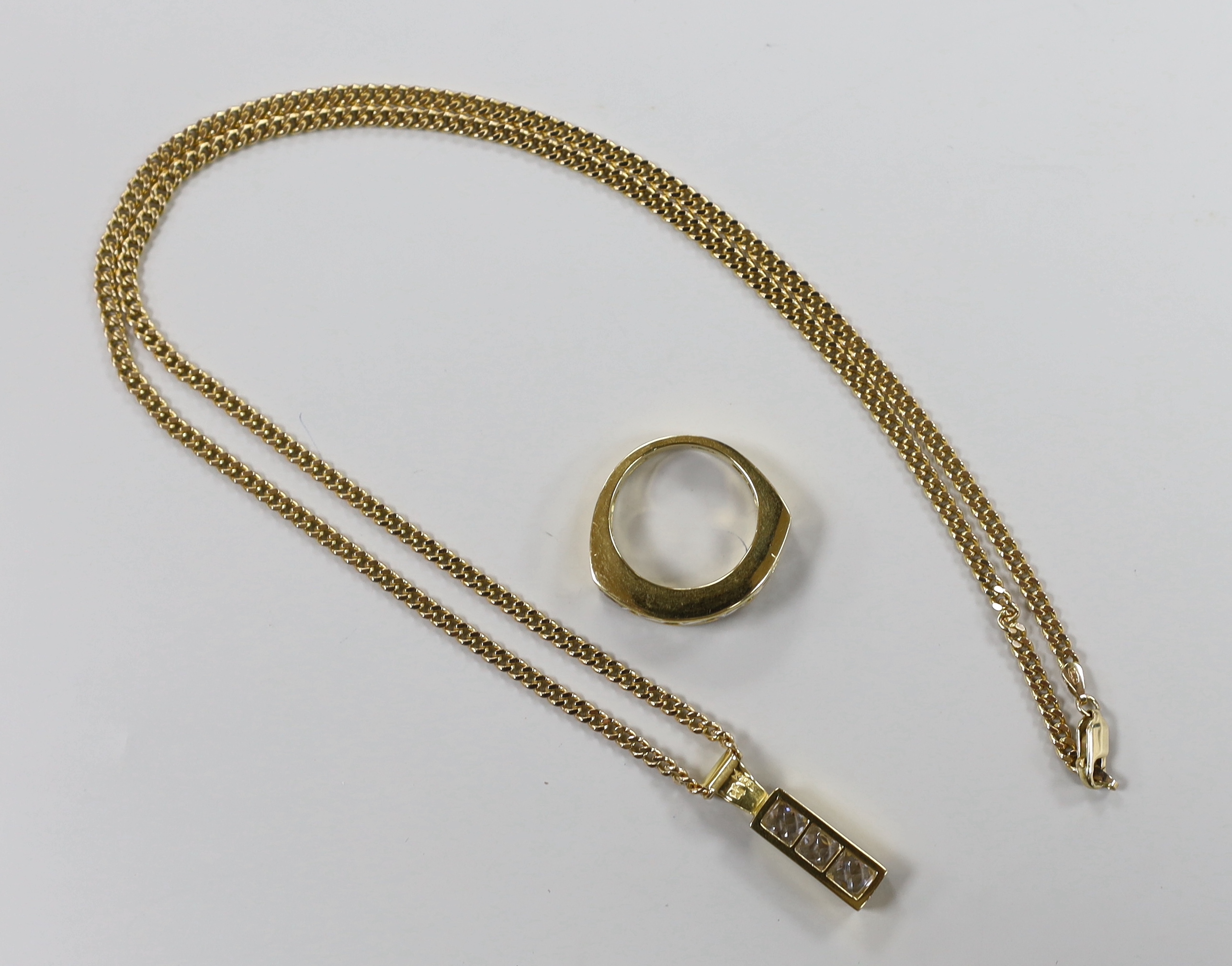 A modern 18ct gold and six stone cubic zirconia set half hoop dress ring, size P, gross weight 12.6 grams and a similar pendant, gross 4.3 grams, on a 9ct gold chain, 11 grams.